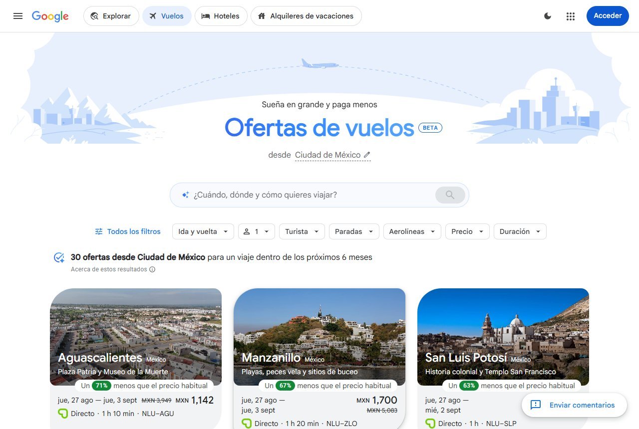 Ofertas de vuelos de Google: vuelos baratos con inteligencia artificial desde Ciudad de México
