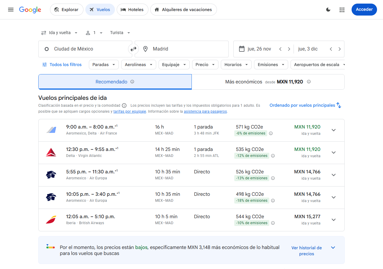cómo saber si una promoción de vuelos es real - resultados de Google Flights de México a Madrid con indicador de precios bajos