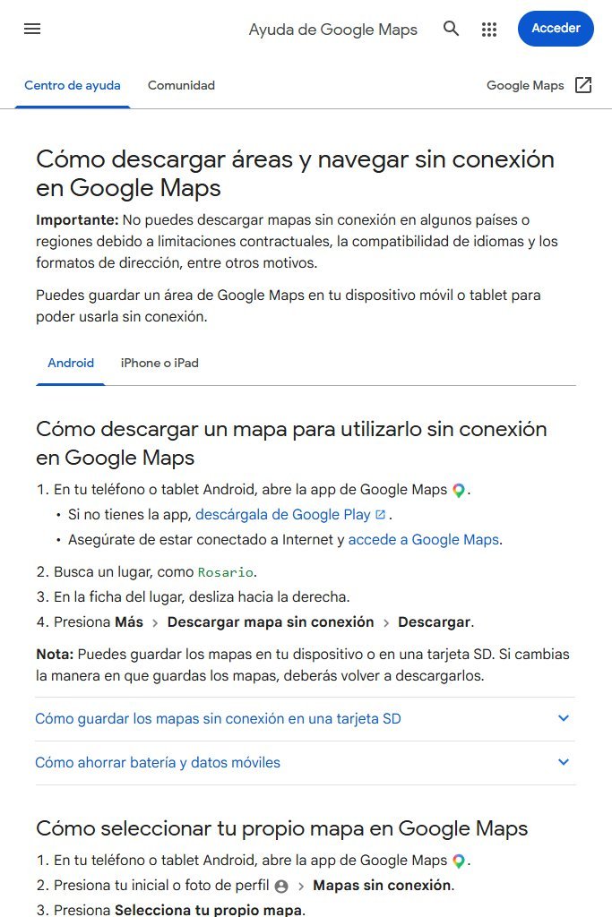 Google Maps offline - página oficial de ayuda con los pasos para descargar mapas