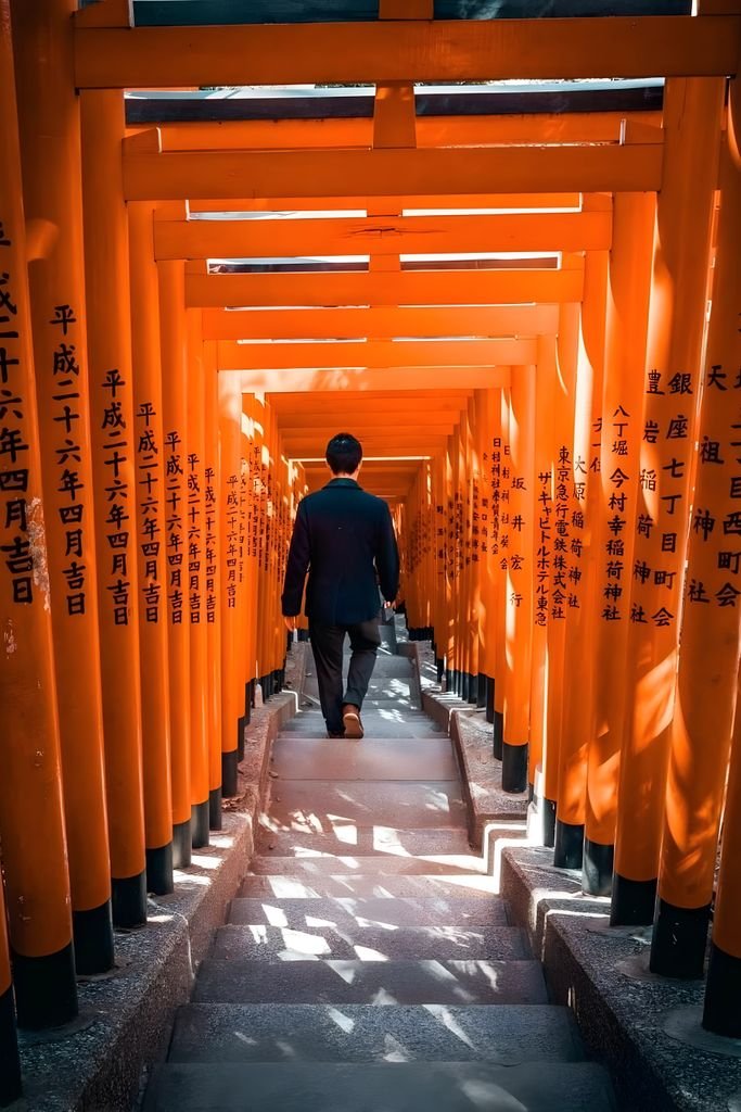 Viajero cruzando un túnel de torii en Japón, el tipo de experiencia que puedes reservar con Klook Avios Iberia