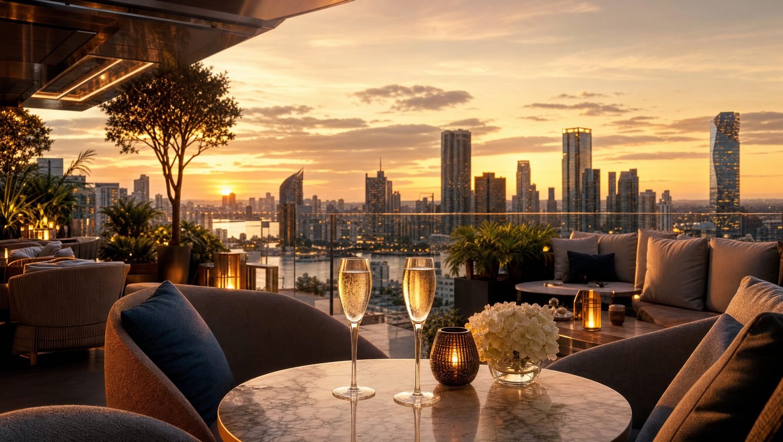 coaching de viajes y finanzas — rooftop de lujo al atardecer