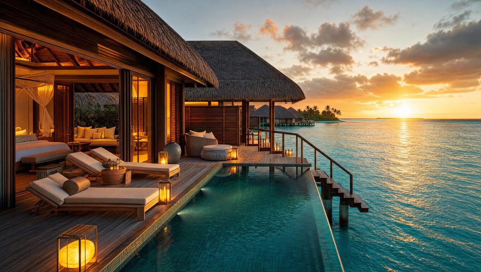 viaje a la medida de lujo — villa sobre el agua al atardecer