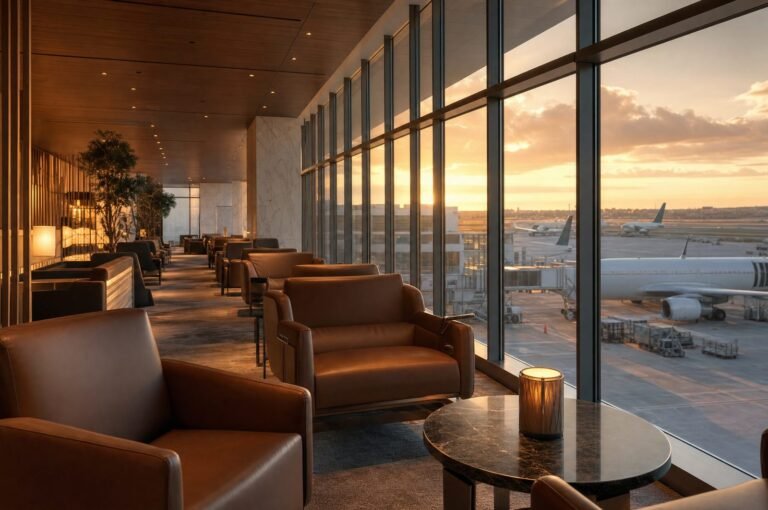 Salones Premier Aeroméxico: interior de sala VIP con vista a la pista al atardecer